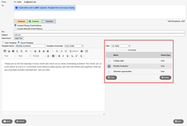 Mass Email pop-up with saved templates highlighted