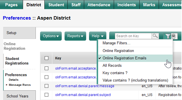 Filter menu, Online Registration Emails option.