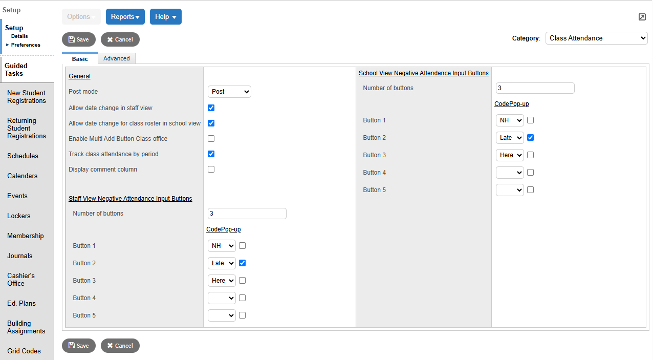 School Class Attendance preferences, Basic tab